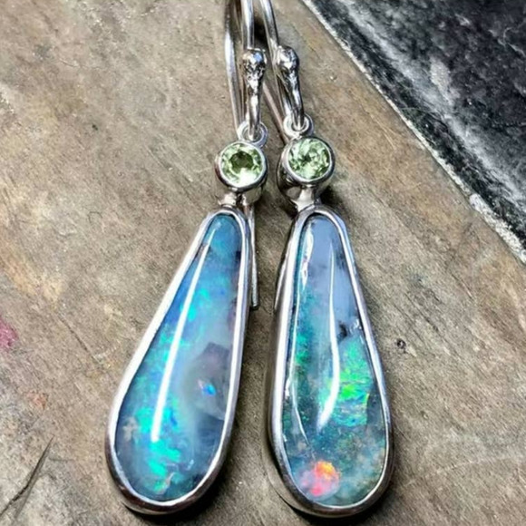 Bohemian Faux‎ Opal Drop Dangle Earrings Light Blue Green Lightweight - Picture 1 of 9